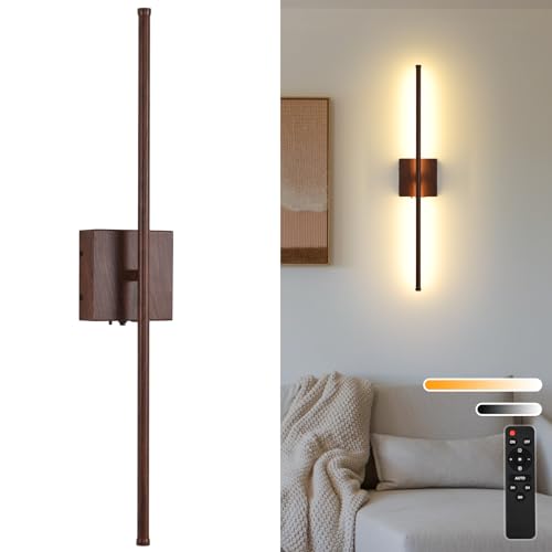 Rechargeable Battery Operated Wall Sconces, 11000mAh Faux Walnut Finish Wall Lights with Remote Control, 350°Rotate Dimmable Wall Lamp, 3 Color Temperatures, for Bedroom Living Room Hallway, 1 PCS - color: Walnut Finish, size: 1 Pack