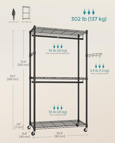 SONGMICS Clothing Rack, Heavy-Duty Garment Rack, Adjustable Storage Shelves | Freestanding Portable Wardrobe Closet, Hanging Rails, Ink Black, DALTEN Collection ULGR413B01 - size: 35.4"W x 78.3"H, style: Without Fabric Cover