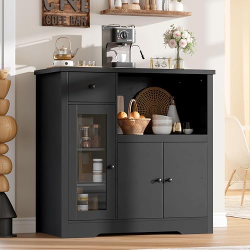 GarveeHome Kitchen Microwave Cabinet with Storage and Drawers, Black | Modern Small Buffet Cabinet, Glass Doors, Adjustable Shelf, Wooden Sideboard, Wide Top, for Dining Room, Living Room - color: Black