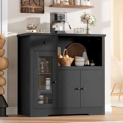 GarveeHome Kitchen Microwave Cabinet with Storage and Drawers, Black | Modern Small Buffet Cabinet, Glass Doors, Adjustable Shelf, Wooden Sideboard, Wide Top, for Dining Room, Living Room - color: Black