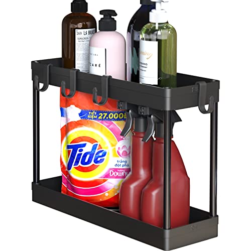 Simple Houseware 2-Tier Under Sink Organizer Storage Tray with Hooks, Black - color: Black