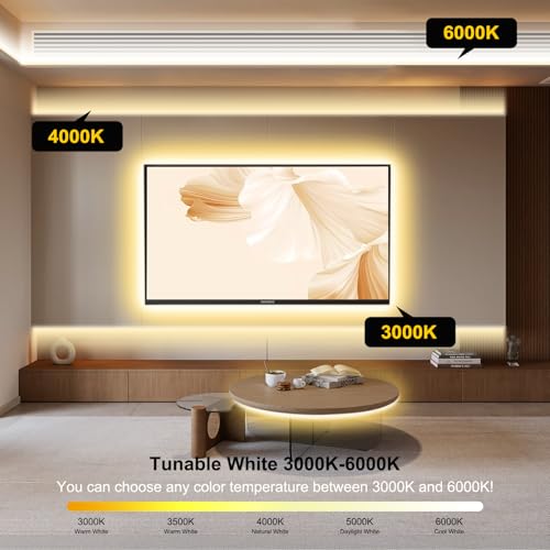 Pandery COB LED Strip Light,CCT Dimmable Strips Light,2700K-6500K,50ft/15m,8mm Wide,CRI90+ 24V LED Strips Kit with Bluetooth APP Control/Music Mode,for Bedroom,Kitchen,DIY Lighting - size: 50FT