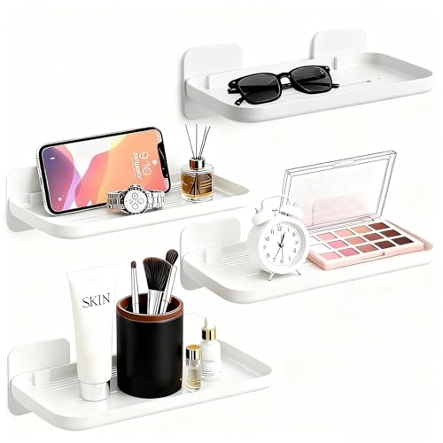 FAYYGYH 2 Pack Adhesive Floating Shelves, No Drill Small Floating Shelf | Wall Storage Damage-Free Wall Mounted Organizer for Bathroom, Kitchen, Bedroom & Office (White-4pcs) - color: White-4pcs