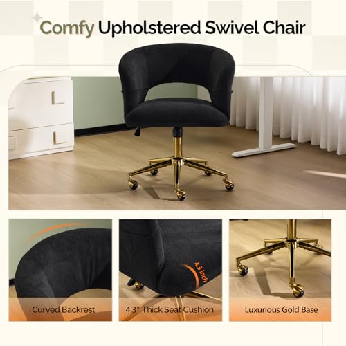 VINGLI Modern Curved Office & Vanity Desk Chair, Cute Upholstered Nail Chair with Wheels & 360° Swivel & Club & Tilting & Gold Base, for Bedroom, Living Room, Makeup, Velvet Chenille, Black - color: Black
