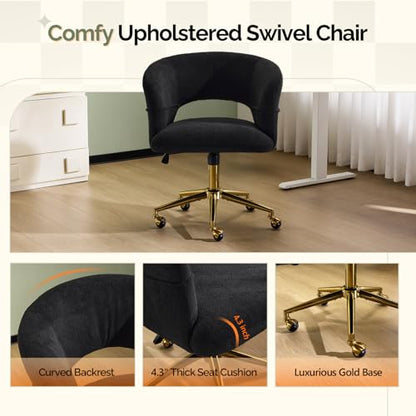 VINGLI Modern Curved Office & Vanity Desk Chair, Cute Upholstered Nail Chair with Wheels & 360° Swivel & Club & Tilting & Gold Base, for Bedroom, Living Room, Makeup, Velvet Chenille, Black - color: Black