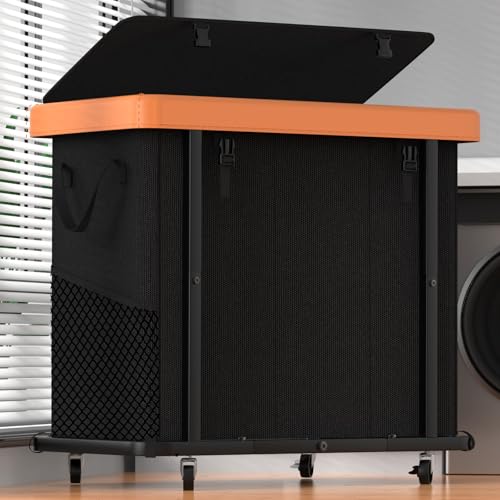 Laundry Basket with Wheels, 230L Leather Patchwork Laundry Sorter 3 Section | Sturdy Metal Frame, Removable Washable Bag, Tall Clothes Sorter for Bedroom - Black - color: Black, size: 3 Section-230L