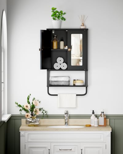 BEWISHOME Bathroom Medicine Cabinet Mirror with Towel Bar, Black | Wall Mounted Cabinet with Adjustable Shelf Hooks, Space-Saving Over-Toilet for Bathroom, Living Room, 7.1x15.4x24.4 Inches - color: Black