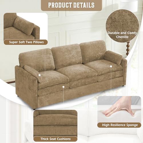 89" Chenille 3 Seats Sofa with 2 Pillows, Camel | Modern Upholstered Sofa with Deeper Seats, Comfy Sofa with Thickened Cushions for Living Room, Apartment - color: Camel, size: Sofa