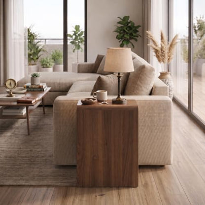 Fluted Slim Side Table with 2 Drawers and Bottom Open Shelf, Skinny End Table with Gold Handles, Walnut Narrow Accent Table for Living Room Bedroom
