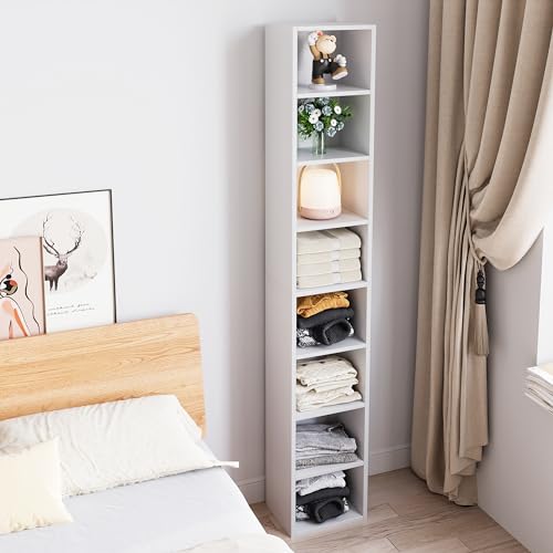Bamjoy 71 Inches Tall Narrow Bookshelf, 8-Tier CD DVD Slim Media Tower Rack, Corner Bookcase with Adjustable Shelves, Skinny Cubes Bookshelves for Home Office Small Space, White - color: White