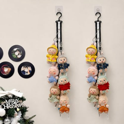 Plush Doll Hanging Storage Rope Display Rack with 8 Clips – Wall Hanging Organizer for Keychain Plushies, Mini Toys– Holds up to 3kg (2 PCS Monochrome) - color: 2 PCS Monochrome