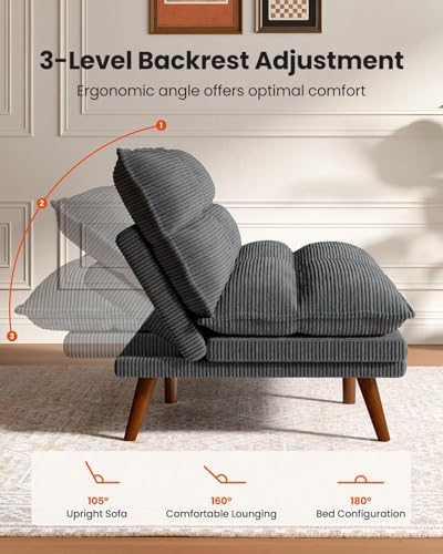 Convertible Futon Sofa Bed - Corduroy Loveseat with Adjustable Backrest & Armrests, Thickened Seat Cushion, Small Space Sleeper Couch for Apartment, Study Room & Office