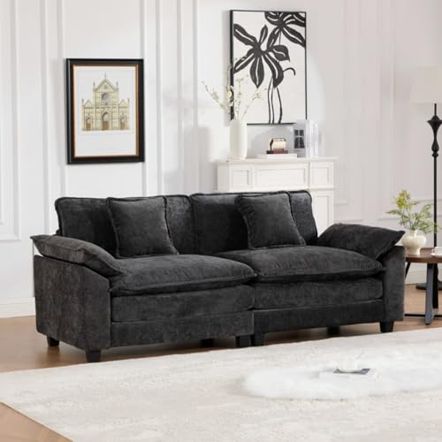 81.9'' Modern Sectional Couch with Double Layer Upholstered Seat Cushion, Chenille LoveSeat Sofa Couch with Wider Armrest and Cushions, Living Room, Bedroom, Apartment, Easy Assembly, Black - color: Black