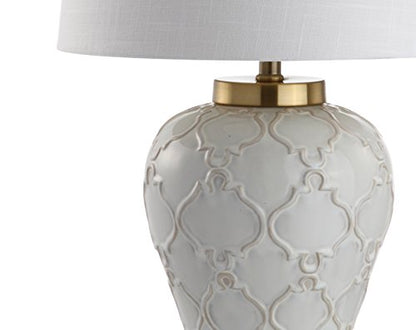 JONATHAN Y Arthur Textured Ceramic Table Lamp 29", Cream | Quatrefoil Trellis Design, White Linen Drum Shade, Brass Accents, LED Bulb Included