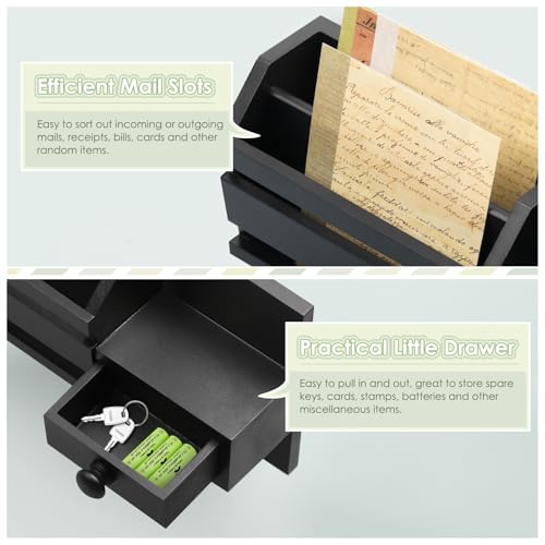 VIS'V Key Holder Wall Mount, Wooden Mail and Key Organizer, Black | Contains Little Drawer, Small Shelf, 2 Slots, 6 Hooks, for Entryway, Hallway, Doorway, Kitchen, Garage, Camper - color: Black