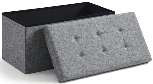 Ornavo Home 30 Inch Folding Storage Ottoman Bench, Tufted Linen, Gray | Upholstered Large Ottoman with Lid; Foot Rest Stool; Ideal for Bedroom, Living Room or Entryway - color: Grey, size: 15"d X 30"w X 15"h