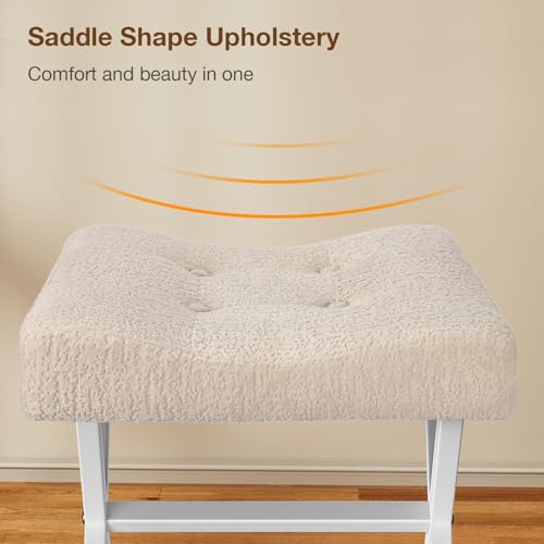 18-Inch Large Vanity Stool Chair, Beige Makeup Stool | Vanity Bench, Metal X-Legs, 350 LBS, 20"x16.9"x18", Ottoman Accent Stool, Breathable Soft Boucle Fabric Saddle Seat - size: Large, style: Beige Fabric