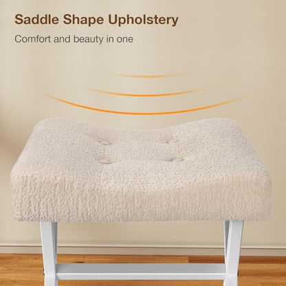 18-Inch Large Vanity Stool Chair, Beige Makeup Stool | Vanity Bench, Metal X-Legs, 350 LBS, 20"x16.9"x18", Ottoman Accent Stool, Breathable Soft Boucle Fabric Saddle Seat - size: Large, style: Beige Fabric