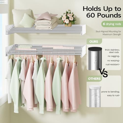 Vikaqi Wall Mounted Clothes Drying Rack 40 inches, Foldable Wall Mount Laundry Rack Folding Indoor, Drying Rack Clothing Collapsible, Hidden Space Saver with Wall Template, 6 Rods, White - color: White, size: 40" Wide