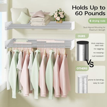 Vikaqi Wall Mounted Clothes Drying Rack 40 inches, Foldable Wall Mount Laundry Rack Folding Indoor, Drying Rack Clothing Collapsible, Hidden Space Saver with Wall Template, 6 Rods, White - color: White, size: 40" Wide