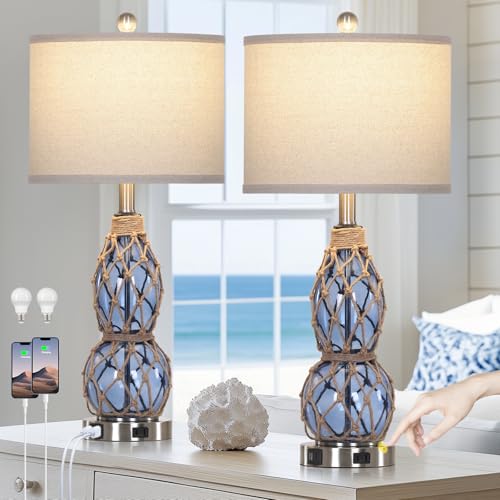 Rinweey 26" Coastal Glass Table Lamps Set of 2, 3-Way Dimmable Touch Lamps with USB Ports and AC Outlet, Nautical Bedside Lamps for Bedroom Living Room - color: Blue-2