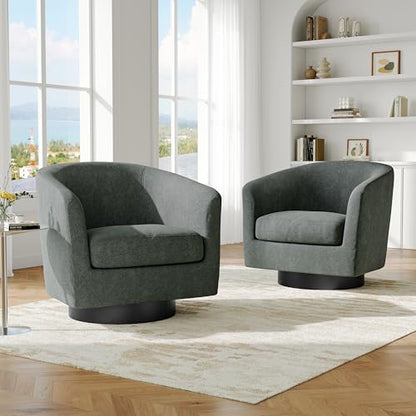 Swivel Barrel Accent Chair, Comfy Reading Armchair, Dark Grey, Set of 1 | Club Chairs for Adults, Low-Back Design, Modern Round Style, Solid Wood Frame & Metal Swivel Base, For Living Room & Bedroom - color: Dark Grey