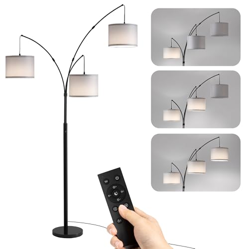 Floor lamp with Remote, 3 Light Arc Floor Lamps for Living Room, 2400LM Tall Standing Floor Lamps with Gray Shades, 80" Large Floor Lamp for Bedroom, Office - color: Black-Gray Shade, size: 3
