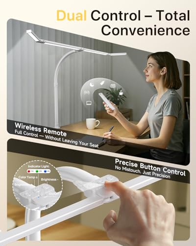 ONEMIX 42" LED Desk Lamp with Clamp, Architect Desk Light with Remote, Adjustable 4-Segment Bar, 1800LM Bright, Eye-Caring Desk Lamp for Home Office, Reading, Study, Dual Monitors, Workbench (White)