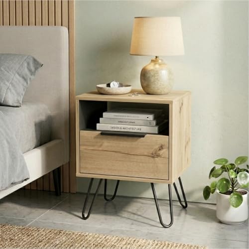 Tuhome Augusta Nightstand, Small Night Stand with Storage Drawer & Open Shelf, 22.2" Tall Narrow Bedside Table on Metal Hairpin Legs, Engineered Wood, Black or Light Oak - color: Light Oak