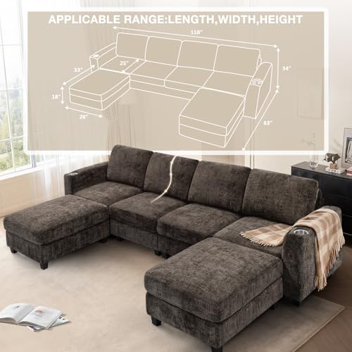 110" Convertible U-Shape Couch with 2 Flexible Ottomans, Brown | Soft Sectional Sofa w/2 Built-in Cup Holders, Chenille 4 Seats Sofa with Well-Filled Back Cushions for Living Room, House - color: Brown, size: 110" U-Shape