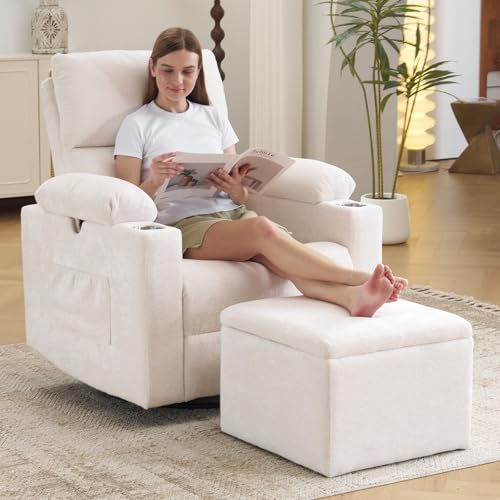 Rocking Chair Nursery with Adjustable Armrests, Electric Glider Recliner Nursing Chair with Ottoman, Power Swivel Recliner Chairs with Massage and Heat, White - color: White, size: Oversized Power Recliner with ottoman