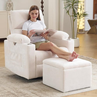 Rocking Chair Nursery with Adjustable Armrests, Electric Glider Recliner Nursing Chair with Ottoman, Power Swivel Recliner Chairs with Massage and Heat, White - color: White, size: Oversized Power Recliner with ottoman