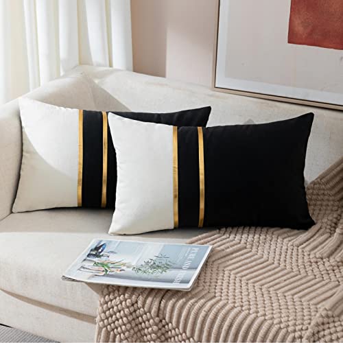 ZLINA Set of 2 Velvet Decorative Lumbar Pillow Covers Black White Patchwork with Gold Leather Pillow Covers 12 × 20 Inch Cushion Covers Decor Living Room Sofa Bedroom Car - color: Black, size: 20" x 12" (Pack of 2)