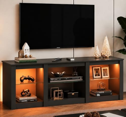 WLIVE Modern LED TV Stand for 65 70 Inch TV, 58" Entertainment Center with Adjustable Glass Shelves & RGB Lights, Wood Media Console Table for Living Room, Bedroom, Gaming Room, Black - color: Black, size: 58" Modern TV Stand
