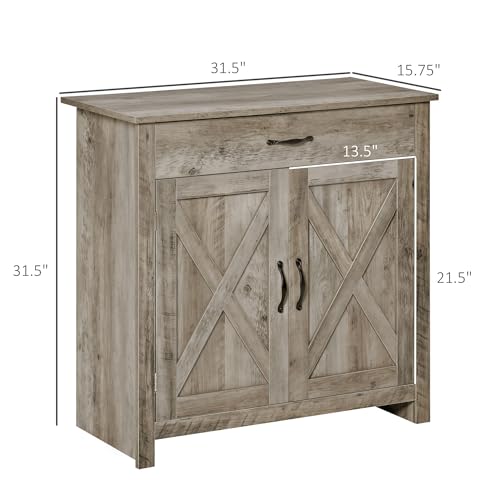 HOMCOM Farmhouse Sideboard Buffet Cabinet Barn Door Gray | Coffee Bar Cabinet, Drawer, Adjustable Shelf, Kitchen, Living Room, Entryway - color: Grey