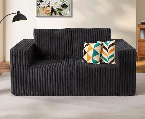 Hobestluk 2 Seater Modular Couch with Deep Seat Oversized Sectional Sofa | Strip GREY,Loveseat,Cozy Fabric,Memory Foam,No Assembly,Cloud Chair,With Pillows,For Livingroom Bedroom,Free Combination - color: Grey, size: Loveseat