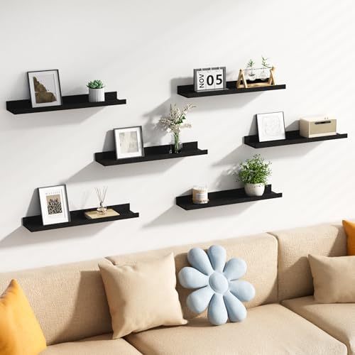 upsimples Floating Shelves for Wall Decor and Storage, Black, 6Pcs 23.6'' | Wall Mounted Wood Shelves for Living Room, Bedroom, Bathroom, Kitchen, Office, Nursery Room, Coffee Bar Display and Organize - color: Black, size: 23.6in