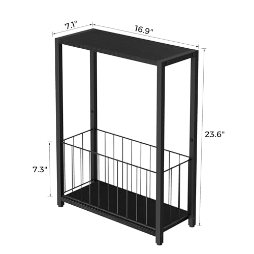 Homleke Narrow Side Table with Magazine Holder, Skinny End Table | Space-Saving Design, Small Spaces, Storage Shelf, Metal Frame, Easy Assembly, 7.1" D x 16.9" W x 23.6" H, Black - color: Black - Standard