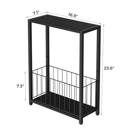 Homleke Narrow Side Table with Magazine Holder, Skinny End Table | Space-Saving Design, Small Spaces, Storage Shelf, Metal Frame, Easy Assembly, 7.1" D x 16.9" W x 23.6" H, Black - color: Black - Standard