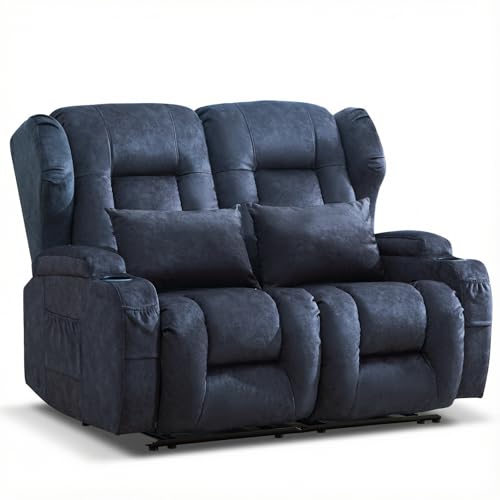 Loveseat Recliner Sofa,RV Wall Hugger Recliners for Small Spaces,Reclining Loveseat Sofa Recliner with Cup Holders/Lumbar Pillows,RV Furniture (Blue,56" 2-Seater) - color: Blue, size: 56" 2-Seater