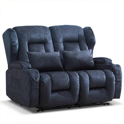 Loveseat Recliner Sofa,RV Wall Hugger Recliners for Small Spaces,Reclining Loveseat Sofa Recliner with Cup Holders/Lumbar Pillows,RV Furniture (Blue,56" 2-Seater) - color: Blue, size: 56" 2-Seater