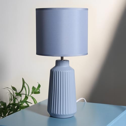 Simple Designs LT1169-SLT 15.94" Glow & Flow Minimalist Grooved Ceramic Table Lamp, Monochromatic Fabric Shade, Textured Accent Lighting, for Bedroom, Office, Living Room, Slate - color: Slate