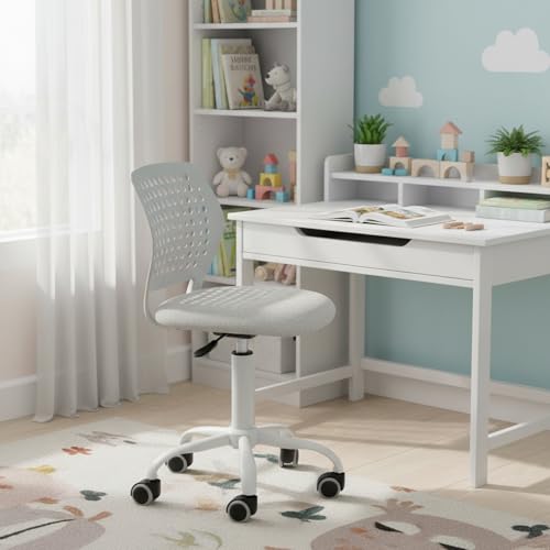 FurnitureR Small Armless Desk Chair with Rolling Wheels, Compact Adjustable Height Swivel Study Computer Task Chair with Breathable Back and Padded Seat for Kids Teens, Light Gray - color: Light Gray
