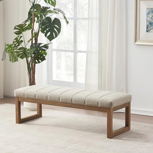 Zihanhome 52.7" Bedroom Bench for End of Bed, Modern Upholstered Teddy Fabric Entryway Bench & Dining Bench, Footrest Stool Bench with Solid Wood Frame for Bedroom, Living Room (Camel) - color: Camel