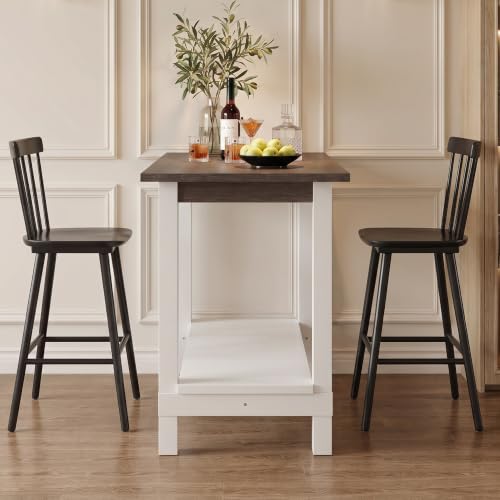 Kmax 47.25" Kitchen Island with Storage, Farmhouse Solid Wood Stationary Dining Table with Large Worktop, Modern Coffee Bar Table for Small Space, Brown Brush and White - color: White- Brown Brush