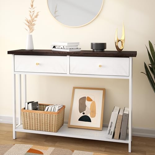 42" Solid Wood Console Table with 2 Fabric Drawers, Entryway Table with Storage Shelves, Sofa Table for Entryway, Hallway, Living Room, Kitchen or Behind Couch in Foyer, White - color: White
