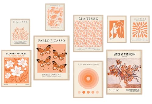 KONGSY Orange Matisse Wall Art Prints Set of 9, Abstract Flower Market Exhibition Gallery Posters, Trendy Art Prints, Eclectic Wall Decor, Aesthetic Pictures Room Decor for Teen Girls Dorm, Bedroom - color: Orange