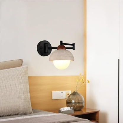 Matte Black Swing Arm Wall Sconce, Adjustable E26 Hardwired Vanity Light, Modern Travertine Lamp for Bedroom Bedside, Bathroom, Living Room