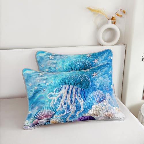 AILONEN Cartoon Blue Jellyfish Quilt Bedding Sets Full Size, Girls Ocean Shell Pearl Theme Quilt Set Printed - 3 Pieces,Underwater World Bedspread Coverlet Set Soft Microfiber Quilt & 2 Pillowcases - color: Jellyfish44, size: Full