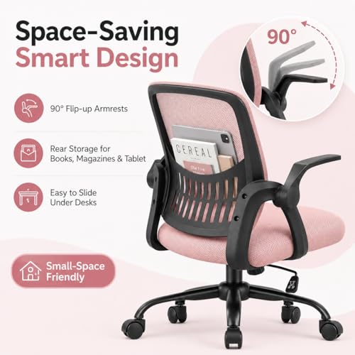 Ergonomic Office Chair, Home Office Desk Chair, Breathable Mesh Desk Chair with Adjustable Lumbar Support and Flip-up Armrests, Game Chairs, 360° Swivel Desk Chairs for Conference, Meeting Room(Pink) - color: Pink